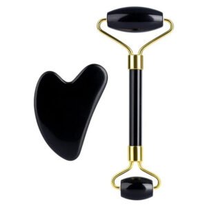 Natural Black Tourmaline Massage Roller Gua Sha Set Black Tourmaline Face Roller 2