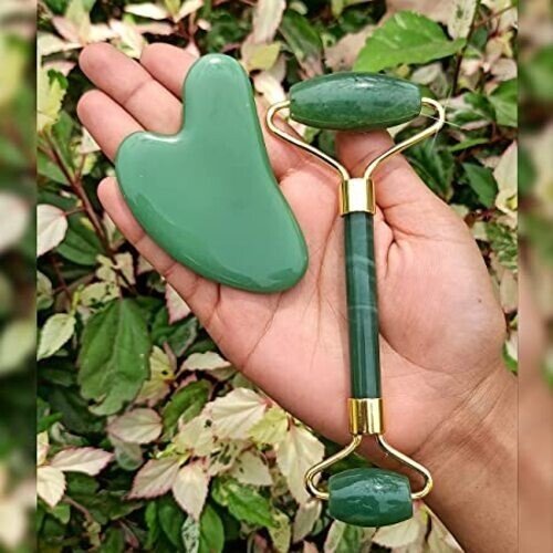 Natural Green Jade Massage Roller Gua Sha Set Green Jade Green Face Roller 2