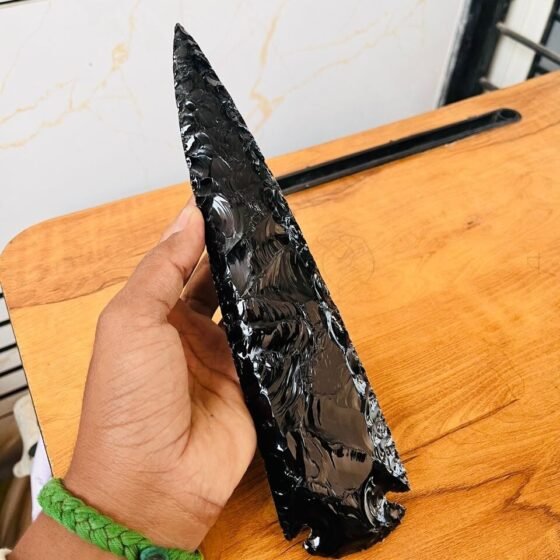 Large Natural Hand Crafted Crystal Black Obsidian Arrowhead Agate Lava Blade 10" 2
