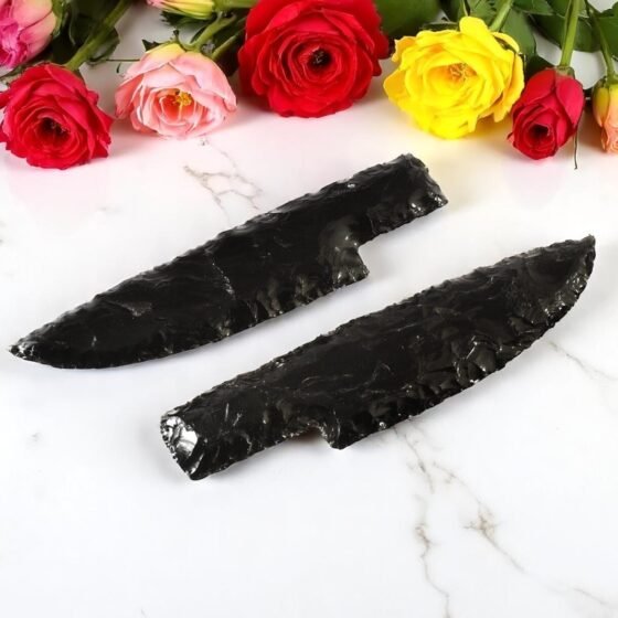 2Pcs Hand Knapped Black Obsidian Knife Set - Athame Custom Hunting Knives Gift 1
