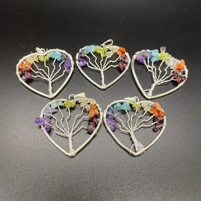 5 Pcs Set Tree of Life Heart Shape Pendants Seven Chakra Crystal Carved Pendant 3
