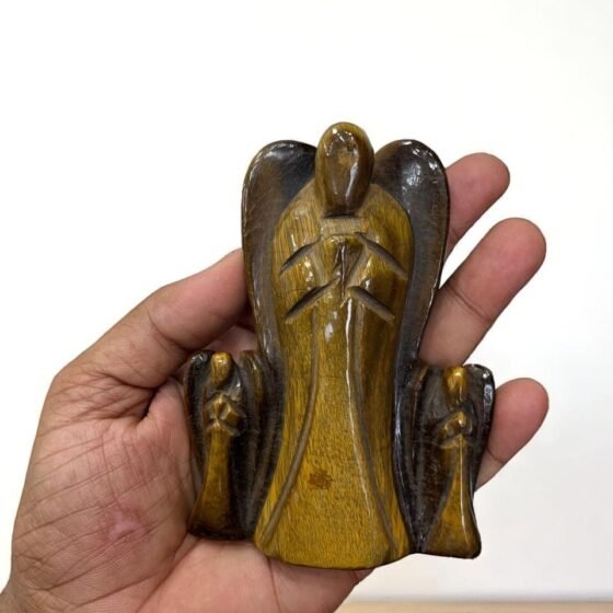 Handmade Large Tiger Eye Family Angel Statue - Unique Home Office Decor Carved 2