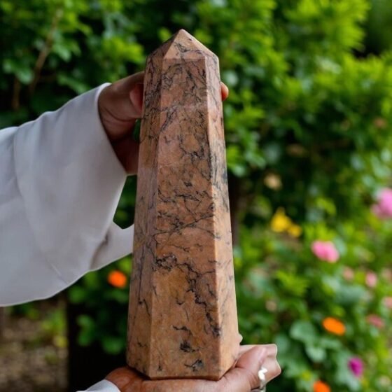 8" Orange Rhodonite Crystal Tower - 6 Facet Polished Crystal Point - Emotional 1