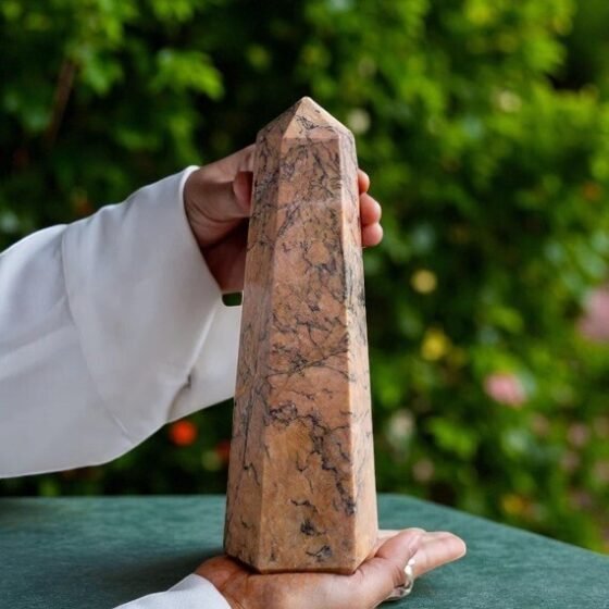 8" Orange Rhodonite Crystal Tower - 6 Facet Polished Crystal Point - Emotional 2