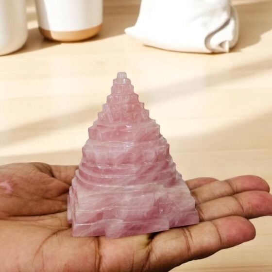 Large Rose Quartz Crystal Shree Yantra Handmade Home Office Decor Pooja Idol 2