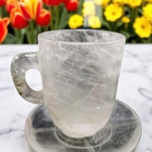 Genuine Clear Quartz Crystal Tea Cup & Saucer - Handmade Carved for Home Office 2