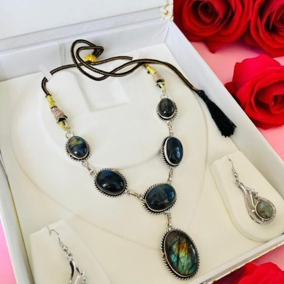 Genuine Labradorite Necklace & Earrings Set Purple Crystal Jewelry Gift For Her 1