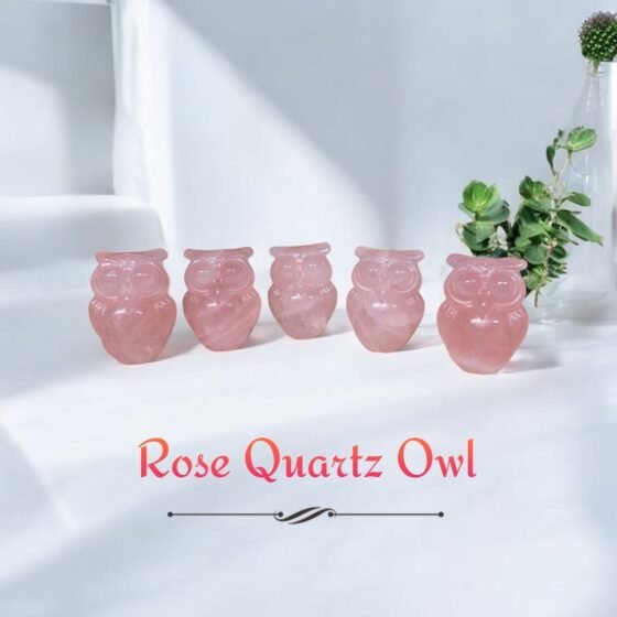 Set of 2 Rose Quartz Crystal Owl Figurines - Love & Wisdom Home Office Decor 1