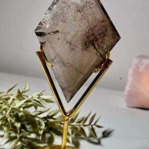 Smoky Quartz Carved Diamond Gemstone on Golden Stand - Home Decor Crystal 1