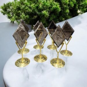 Smoky Quartz Carved Diamond Gemstone on Golden Stand - Home Decor Crystal 2