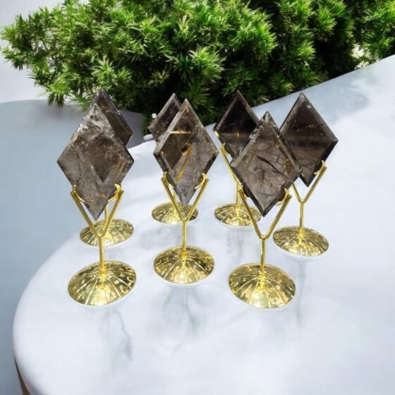 Smoky Quartz Carved Diamond Gemstone on Golden Stand - Home Decor Crystal 2