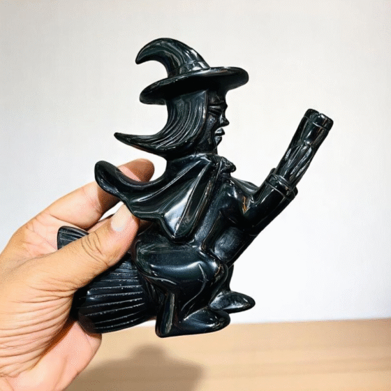 Large Crystal Black Obsidian Witch Figurine on Broom Crystal Witch Home Decor 1