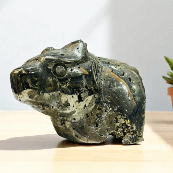 Peru Pyrite Druzy Bear Head Carving 4x3" 1kg Sparkling Fool's Gold Crystal Decor 1