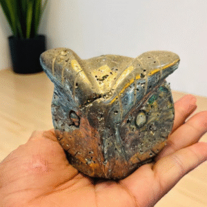 Peru Pyrite Druzy Owl Head Carving 4x3" 1kg - Sparkling Fool's Gold CrystalDecor 1
