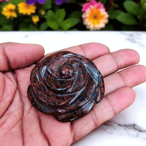 50-60MM Red Mahogany Crystal Rose Unique Hand Carved Flower Office Table Decor 1