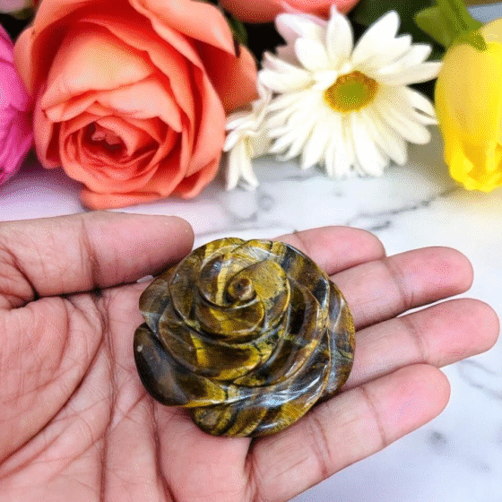 50-60MM Tiger Eye Crystal Rose Unique Hand Carved Flower Halloween Gift 1