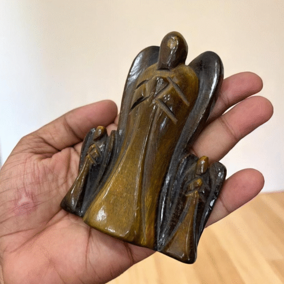 Handmade Large Tiger Eye Family Angel Statue - Unique Home Office Decor Carved 1