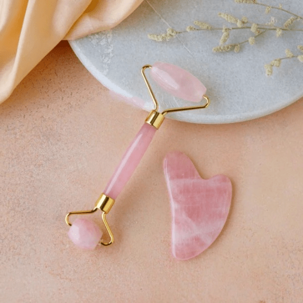 Rose Quartz Roller and Gua sha Set Reduces Wrinkles Fine lines and Dark Circles 4