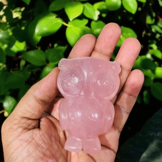 Large Rose Quartz Crystal Owl - Healing Love Stone Carving Wise Bird Crystal Art 1