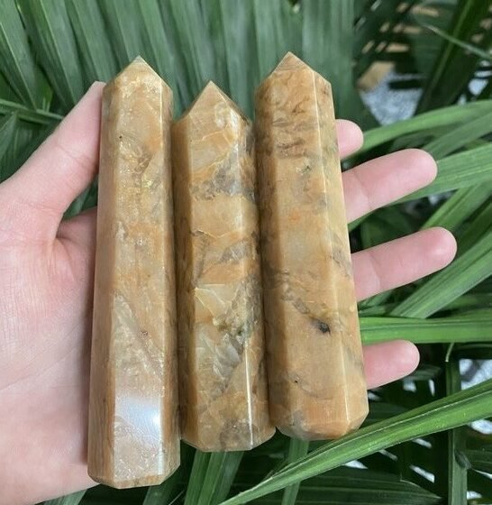 2Pcs Set Peach Moonstone Crystal Point Tower Hand Carved Crystal Tower 3-4inche 2