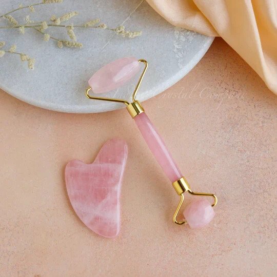 Rose Quartz Roller and Gua sha Set Reduces Wrinkles Fine lines and Dark Circles 1