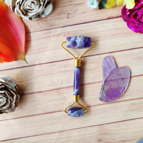 Amethyst Massage Roller and Gua sha Set Pink Jade Roller Crystal Carved Massager 2