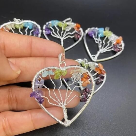 5 Pcs Set Tree of Life Heart Shape Pendants Seven Chakra Crystal Carved Pendant 1