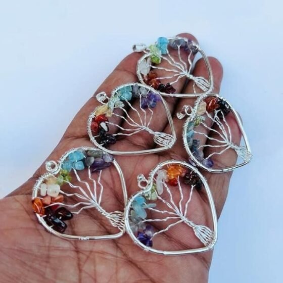 5 Pcs Set Tree of Life Heart Shape Pendants Seven Chakra Crystal Carved Pendant 2