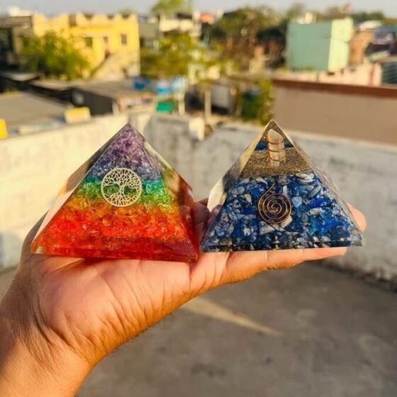 2 Pcs Set Lapis Lazuli & 7 Chakra Orgone Crystal Pyramid Seven Chakra Reiki 1