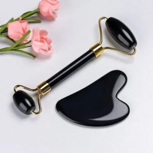 Natural Black Tourmaline Massage Roller Gua Sha Set Black Tourmaline Face Roller 1